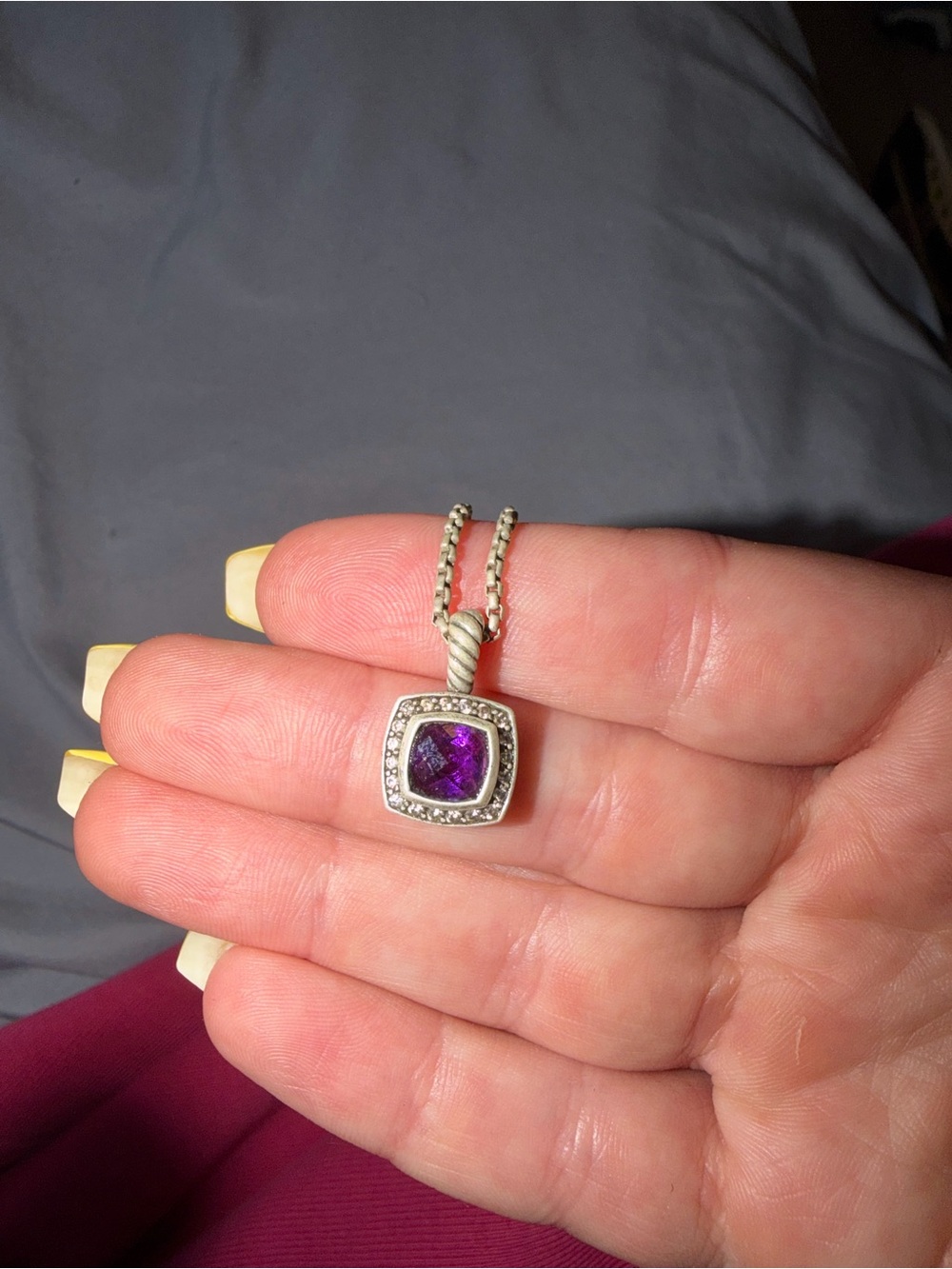 David Yurman Sterling Silver Pendant Necklace with Purple Gem and Pavé